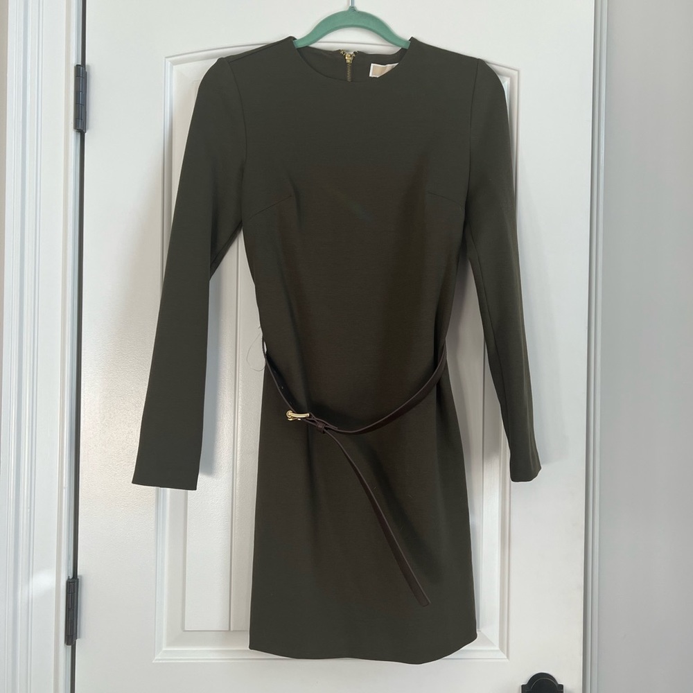 Micheal Kors Olive Green Casual Sweater Dress with Brown Belt